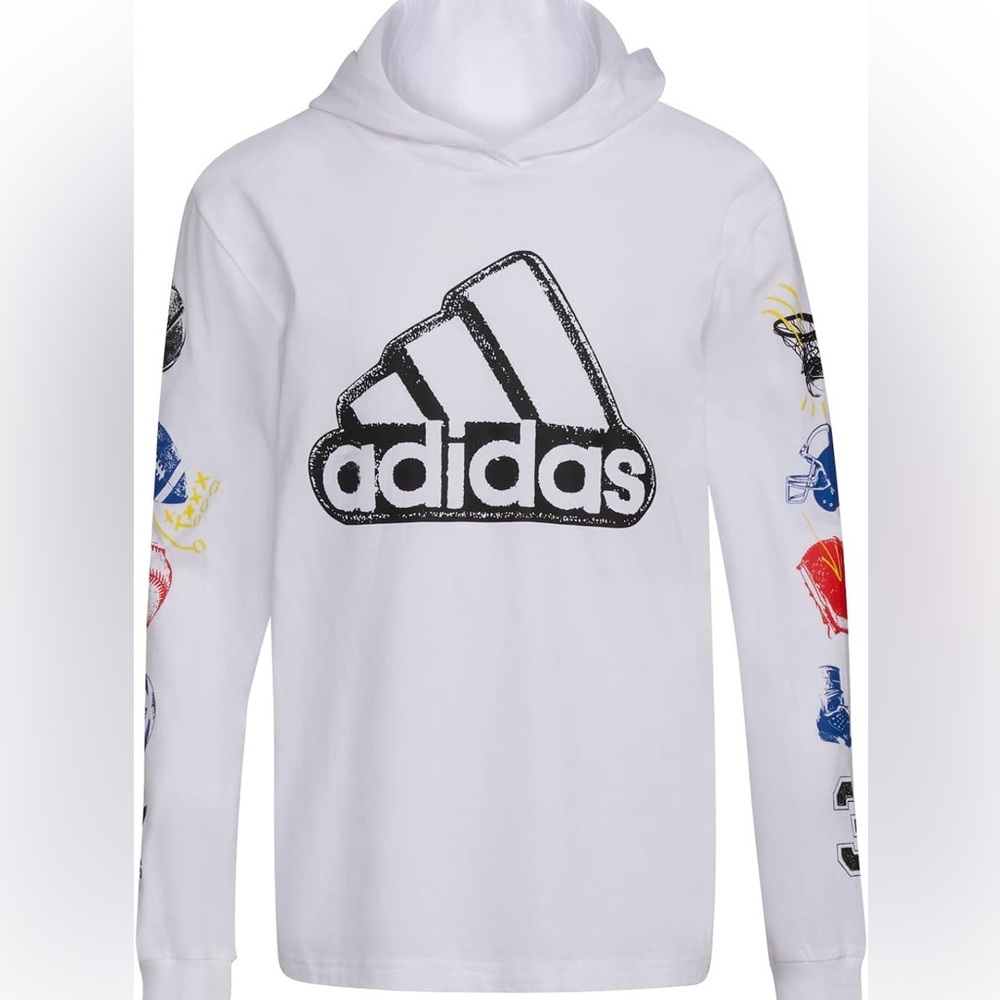 adidas Boys' Long Sleeve Cotton Jersey Hooded T-Shirt Tee, Sport Stamp on White